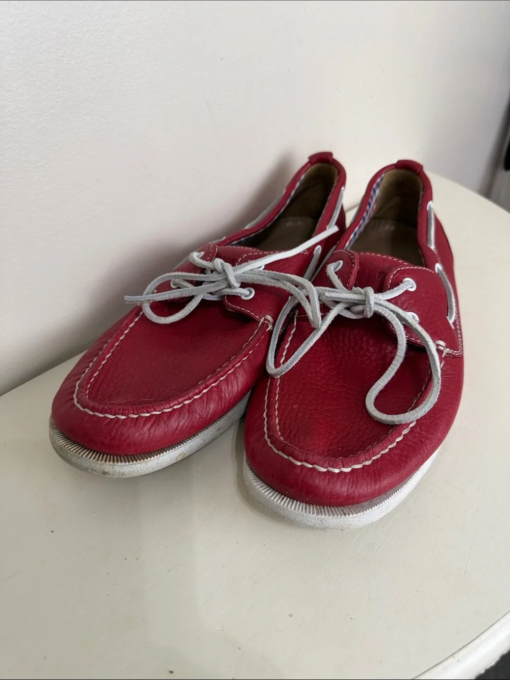 (2387) Rockport Men's Red Leather Boat Shoes - Casual Lace-Up, Size: 10